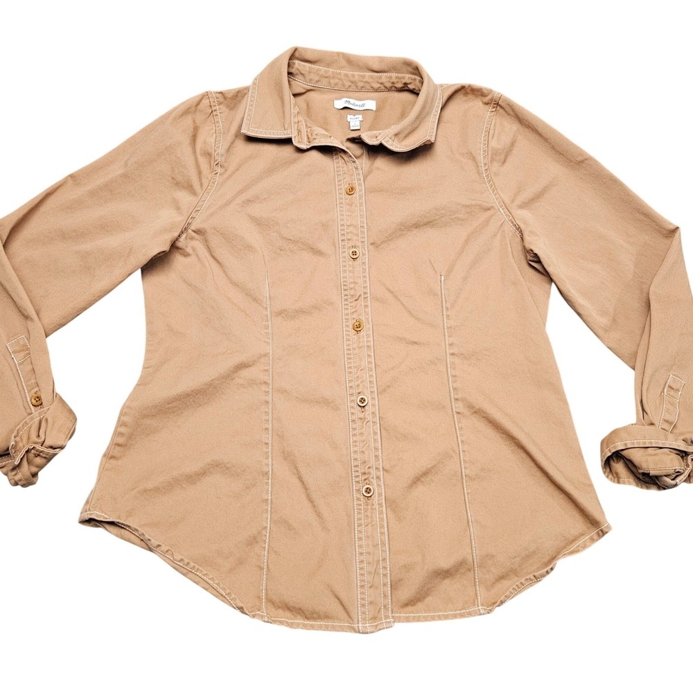 Madewell Button Up Shirt Womens 6 Tan Brown Contrast Stitch Neutral Work Tops